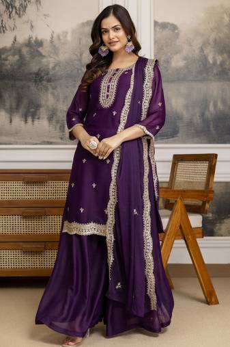 Purple Georgette Embroidery Sequence Work Kurta Palazzo Set with Dupatta