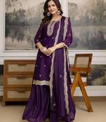 Trendmalls Purple Georgette Embroidery Sequence Work Kurta Palazzo Set with Dupatta