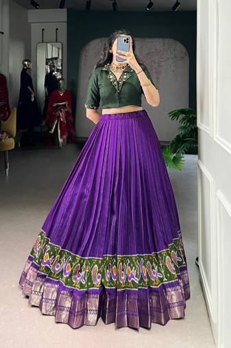 Purple Printed Zari Weaving Poly Cotton Flared Lehenga with Stitched Handwork Cotton Blouse