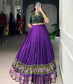 Purple Printed Zari Weaving Poly Cotton Flared Lehenga with Stitched Handwork Cotton Blouse