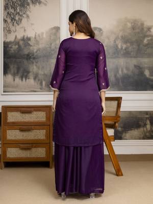 Trendmalls Purple Georgette Embroidery Sequence Work Kurta Palazzo Set with Dupatta 2