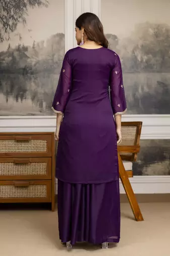 Trendmalls Purple Georgette Embroidery Sequence Work Kurta Palazzo Set with Dupatta