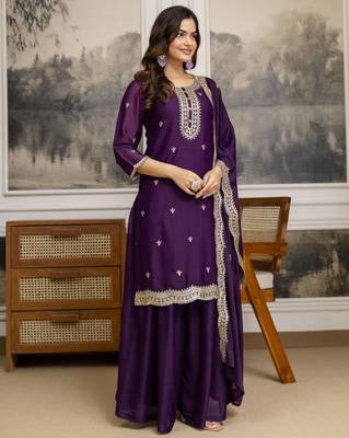 Trendmalls Purple Georgette Embroidery Sequence Work Kurta Palazzo Set with Dupatta 3
