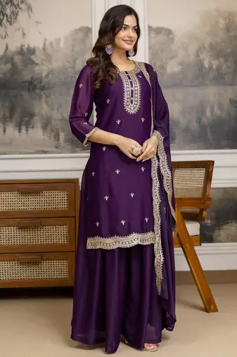 Trendmalls Purple Georgette Embroidery Sequence Work Kurta Palazzo Set with Dupatta