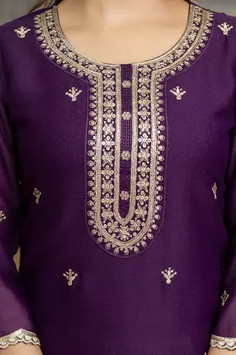 Trendmalls Purple Georgette Embroidery Sequence Work Kurta Palazzo Set with Dupatta