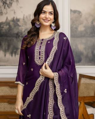 Trendmalls Purple Georgette Embroidery Sequence Work Kurta Palazzo Set with Dupatta 5