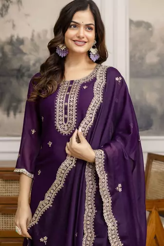 Trendmalls Purple Georgette Embroidery Sequence Work Kurta Palazzo Set with Dupatta