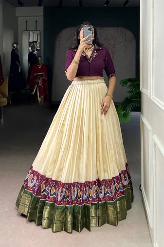 Off white Printed Zari Weaving Poly Cotton Flared Lehenga with Stitched Handwork Cotton Blouse
