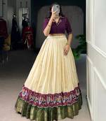 Off white Printed Zari Weaving Poly Cotton Flared Lehenga with Stitched Handwork Cotton Blouse