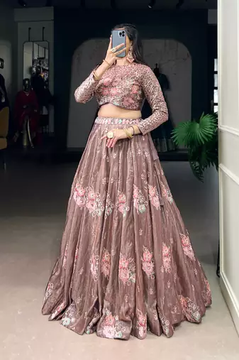 Dusty Mauve Thread & Sequins Embroidered Fendi Silk Flared Lehenga with Unstitched Blouse
