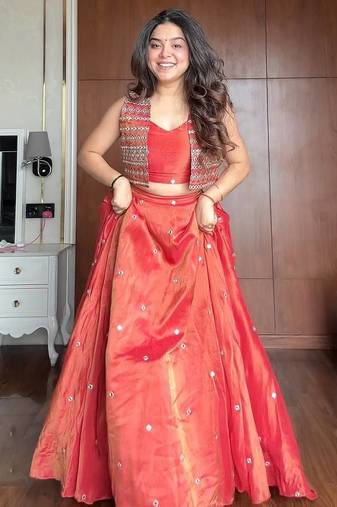 Orange Thread & Sequins Embroidered Simmer Silk Flared Lehenga with Unstitched Blouse and Stitched Koti