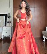 Orange Thread & Sequins Embroidered Simmer Silk Flared Lehenga with stitched Blouse and Stitched Koti