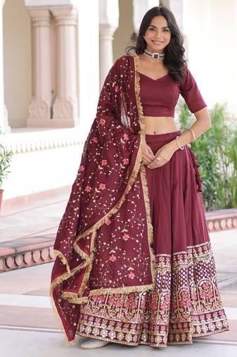 Maroon Embroidered Silk Flared Lehenga with Unstitched Blouse and Dupatta