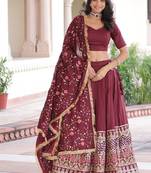 Maroon Embroidered Silk Flared Lehenga with Unstitched Blouse and Dupatta