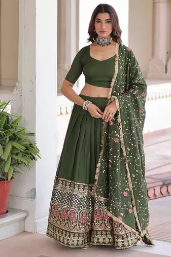 Olive Green Sequins & Thread Embroidered Vichitra Silk Flared Lehenga with Unstitched Blouse and Dupatta