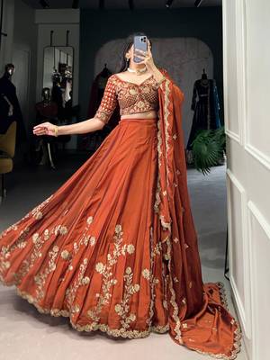 Rust orange Sequins Embroidery Rangoli Silk Partywear Lehenga with Unstitched Blouse 1