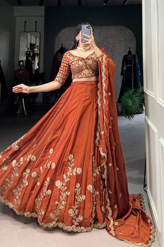 Rust orange Sequins Embroidery Rangoli Silk Partywear Lehenga with Unstitched Blouse