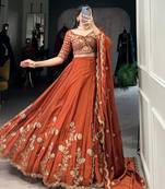 Rust orange Sequins Embroidery Rangoli Silk Partywear Lehenga with Unstitched Blouse
