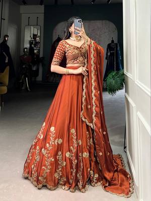 Rust orange Sequins Embroidery Rangoli Silk Partywear Lehenga with Unstitched Blouse 2