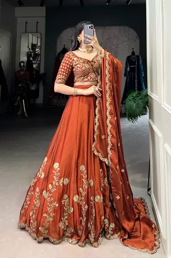 Rust orange Sequins Embroidery Rangoli Silk Partywear Lehenga with Unstitched Blouse