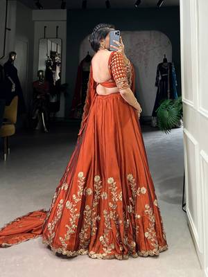 Rust orange Sequins Embroidery Rangoli Silk Partywear Lehenga with Unstitched Blouse 3