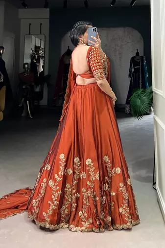 Rust orange Sequins Embroidery Rangoli Silk Partywear Lehenga with Unstitched Blouse