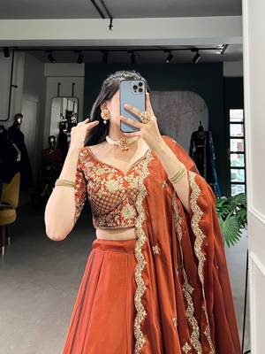 Rust orange Sequins Embroidery Rangoli Silk Partywear Lehenga with Unstitched Blouse 4