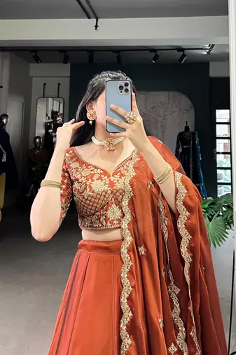 Rust orange Sequins Embroidery Rangoli Silk Partywear Lehenga with Unstitched Blouse