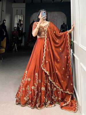 Rust orange Sequins Embroidery Rangoli Silk Partywear Lehenga with Unstitched Blouse 5