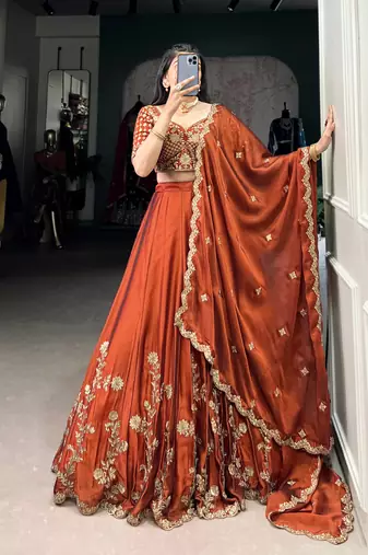 Rust orange Sequins Embroidery Rangoli Silk Partywear Lehenga with Unstitched Blouse