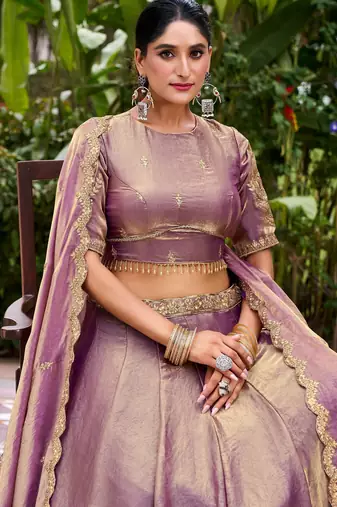 Elegant Lavender Fendi Silk Lehenga Choli with Zari and Lace Detailing Dupatta
