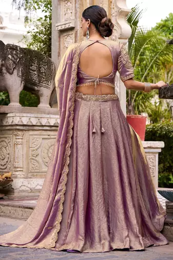 Elegant Lavender Fendi Silk Lehenga Choli with Zari and Lace Detailing Dupatta