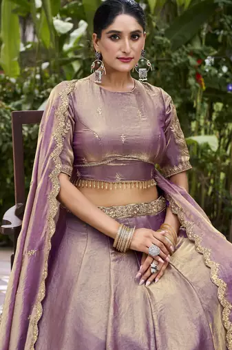 Elegant Lavender Fendi Silk Lehenga Choli with Zari and Lace Detailing Dupatta