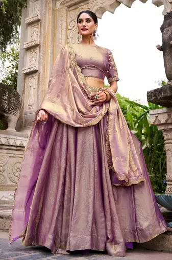 Elegant Lavender Fendi Silk Lehenga Choli with Zari and Lace Detailing Dupatta