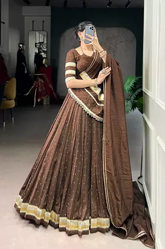Elegant Pure Chanderi Lehenga Choli with Embossed Zari Weaving Work