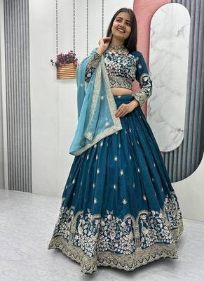 Teal Blue Vichitra Silk Embroidered Thread & Sequin Work Lehenga Choli with Dupatta 5