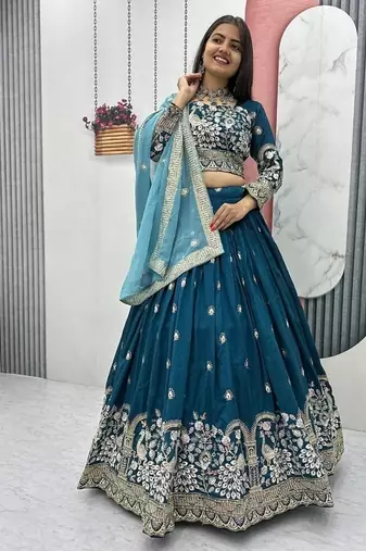 Teal Blue Vichitra Silk Embroidered Thread & Sequin Work Lehenga Choli with Dupatta