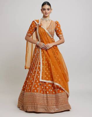 Women's Orange Georgette Sequins With Zari Embroidery Lehenga 1