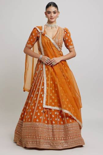 Women's Orange Georgette Sequins With Zari Embroidery Lehenga