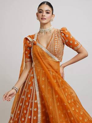 Women's Orange Georgette Sequins With Zari Embroidery Lehenga 4