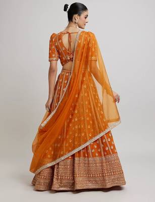 Women's Orange Georgette Sequins With Zari Embroidery Lehenga 5