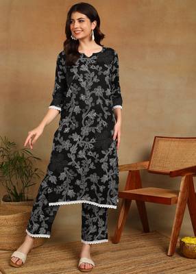 s black printed rayon kurta with trousers and lace detailing 1