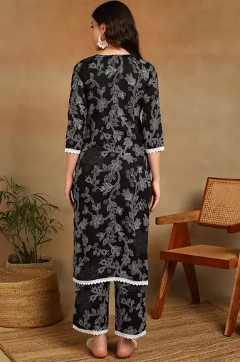 s black printed rayon kurta with trousers and lace detailing