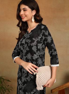 s black printed rayon kurta with trousers and lace detailing 3