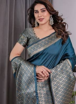 Teal Color Zari Woven Banarasi Art Silk Saree 1