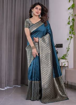 Teal Color Zari Woven Banarasi Art Silk Saree 3