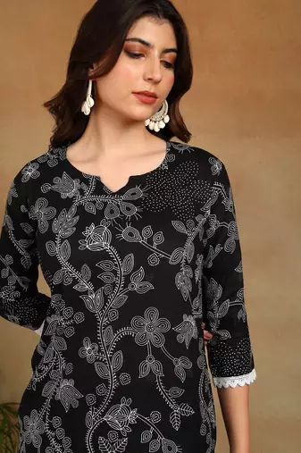 s black printed rayon kurta with trousers and lace detailing