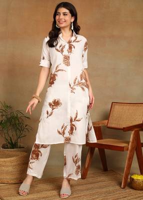 women's printed liva fabric white & brown floral kurta set with pockets 1