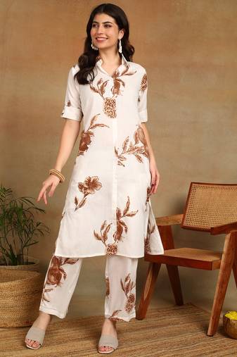 women's printed liva fabric white & brown floral kurta set with pockets