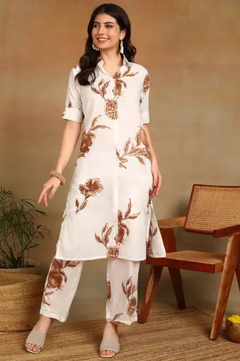 women's printed liva fabric white & brown floral kurta set with pockets